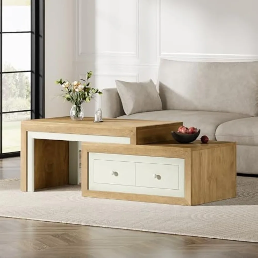Extendable Coffee Table with 2 Drawers, 40"-71" Length Coffee Table with Storage, Farmhouse Center Table Cocktail Tab