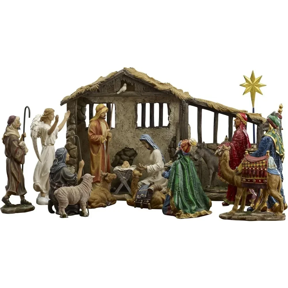 16pcs Jesus Figurine Set,7/10/14 Inch Nativity Scene Characters ,Scale with Real Gold Trunk, Nativity Christmas Figurine Sets