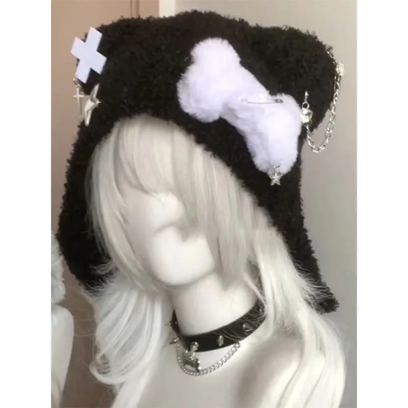 اليابانية القوطية Y2K محبوك قبعة الدب عظمتين متقاطعتين ستار Harajuku ثقافة فرعية لوليتا قبعة Kawaii رقيق شيك دلو القبعات للرجال والنساء #3