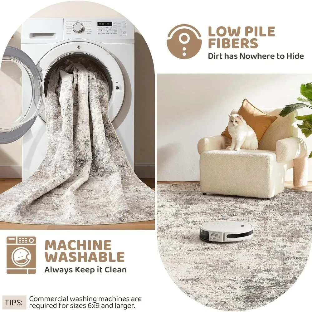 

7x9 Area Rug Living Room Rugs - Washable Neutral Modern Abstract Soft Thin Large Rug Indoor Floor No Slip Rug Carpet for Bedroom