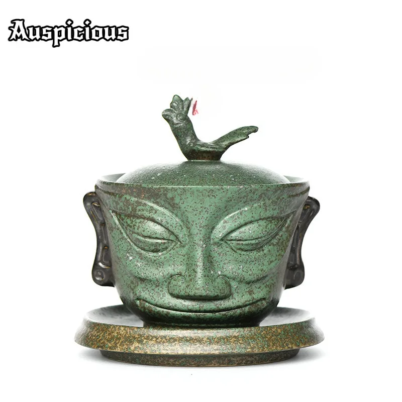 

Sanxingdui Cultural And Creative Gaiwan Creative Bronze Mask Cover Bowl With Plate Vintage Tea Tureen Tea Maker Teaware Crafts