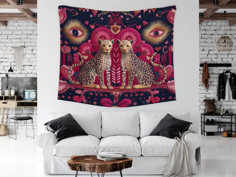 Sacred Heart Leopard Tapestry, Surreal Third Eye Wall Hanging, Mystical Maximalist Boho Decor