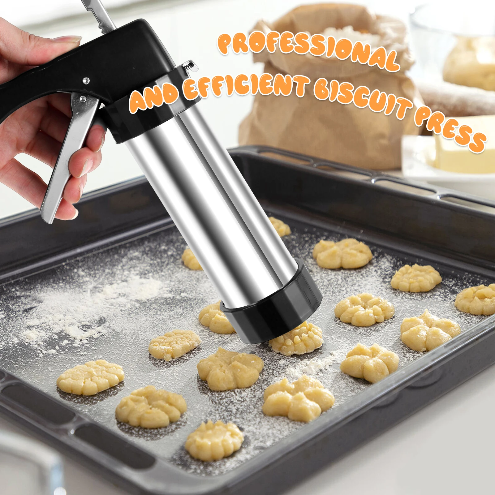 Cookies Press Kit Stainless Steel Churro Maker Machine with Piping Nozzles and Cookie Discs for DIY Christmas Cookies Maker