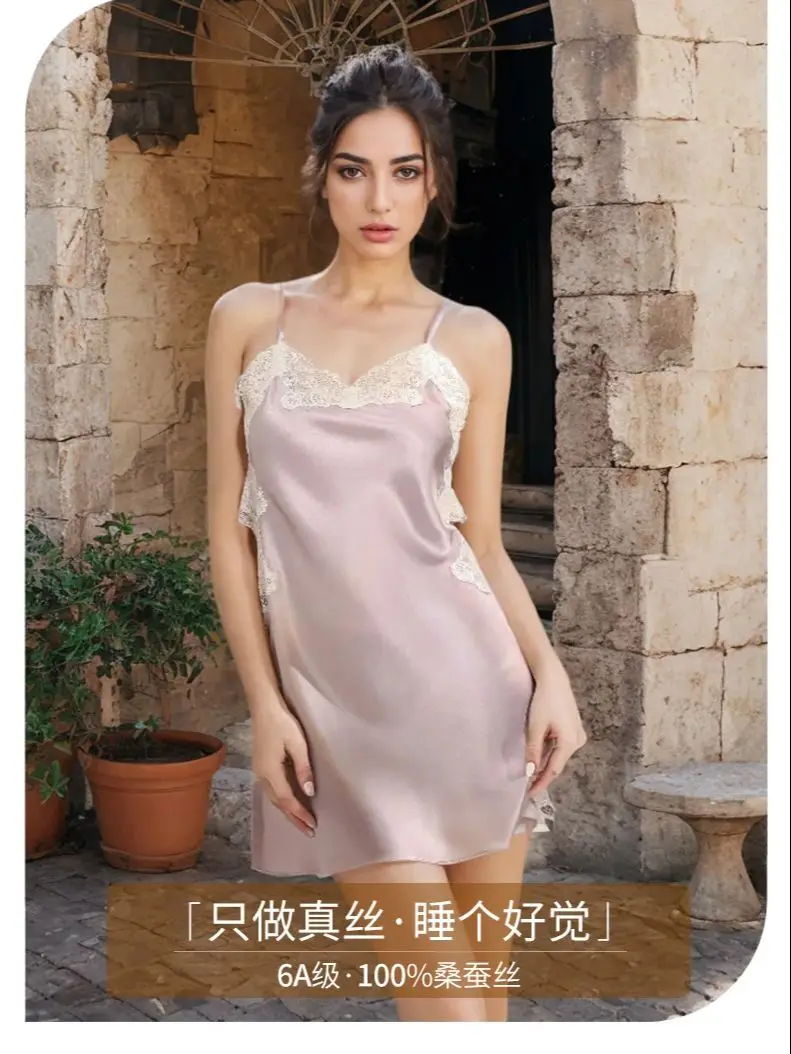 

Summer hot-selling ladies' silk strap nightgown 100% silk, foreign trade sexy style backless strap mini skirt custom