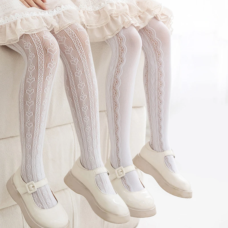 Lolita Girl Leggings Summer Kids Long Stockings Anti-hook Children Mesh Tights Hollow Love Kids Bottom Pantyhose Socks 3-12year