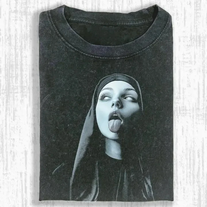 Vintage Washed Nun Shirt Gothic Dark Religious Aesthetic Tee Rebellious Portrait Art Summer Men's and Women's Washed T-shirt Top