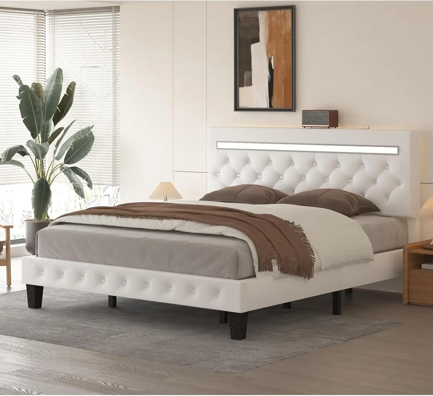

Platform Bed with Charging Station and LED Lights, Strong Wooden Slats Support, No Box Spring Needed, Easy Assembly, White