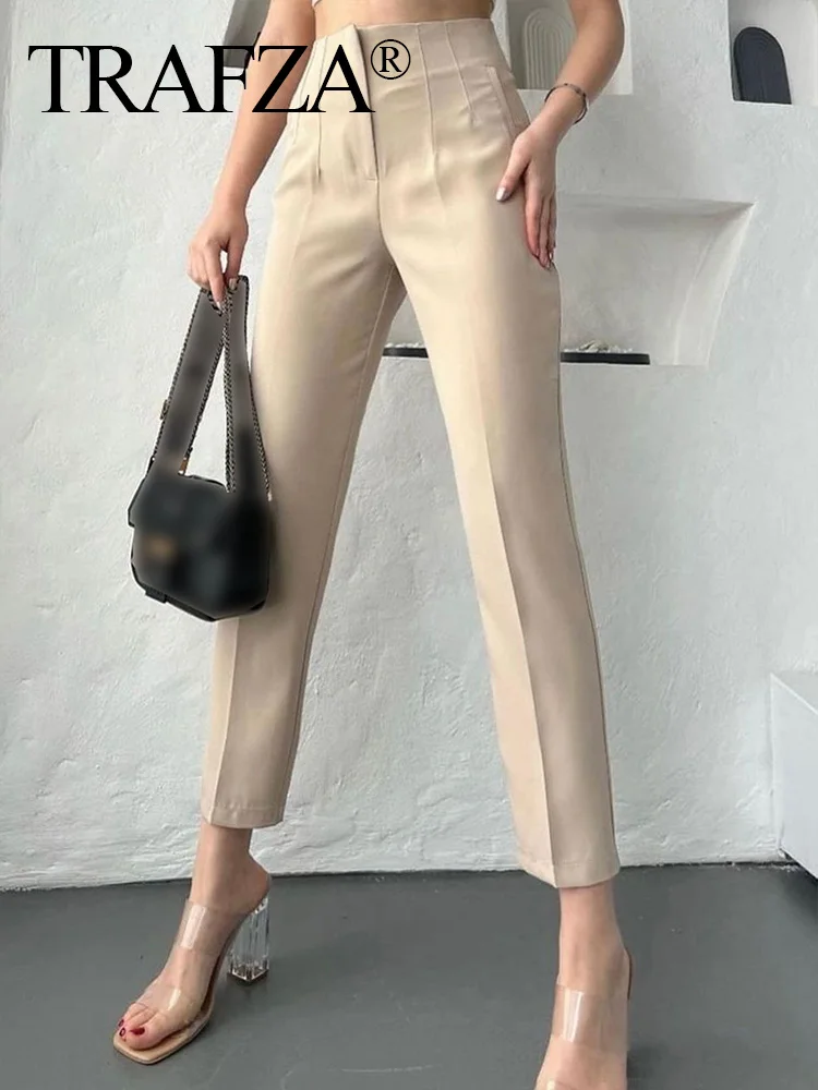 TRAFZA Pantaloni eleganti casual a vita alta da donna Pantaloni a matita slim solidi alla moda con cerniera Pantaloni da lavoro da donna da ufficio