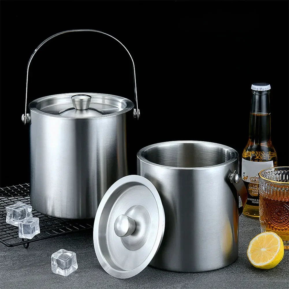 Double Wall Stainless Steel Ice Bucket with Lid Tongs and Strainer Ice Cube Container Cooler Bucket for Cocktail Bar and Parties