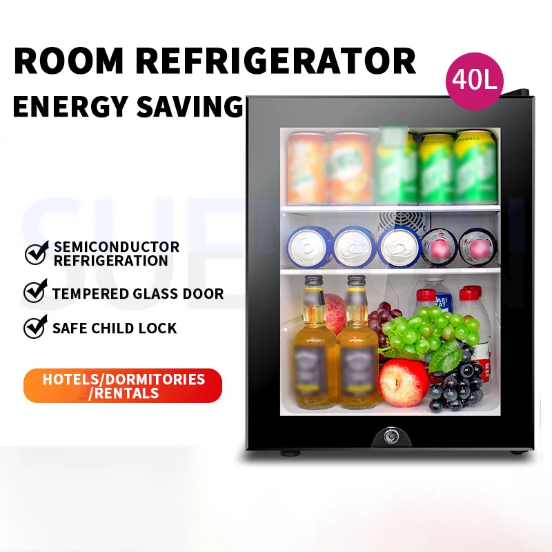 Piccolo frigorifero da 40 litri Armadietto per la conservazione del tè con maschera a porta singola Congelatore con ante in vetro trasparente Piccolo armadio frigorifero camere dell'hotel trasparenti armadi freschi a