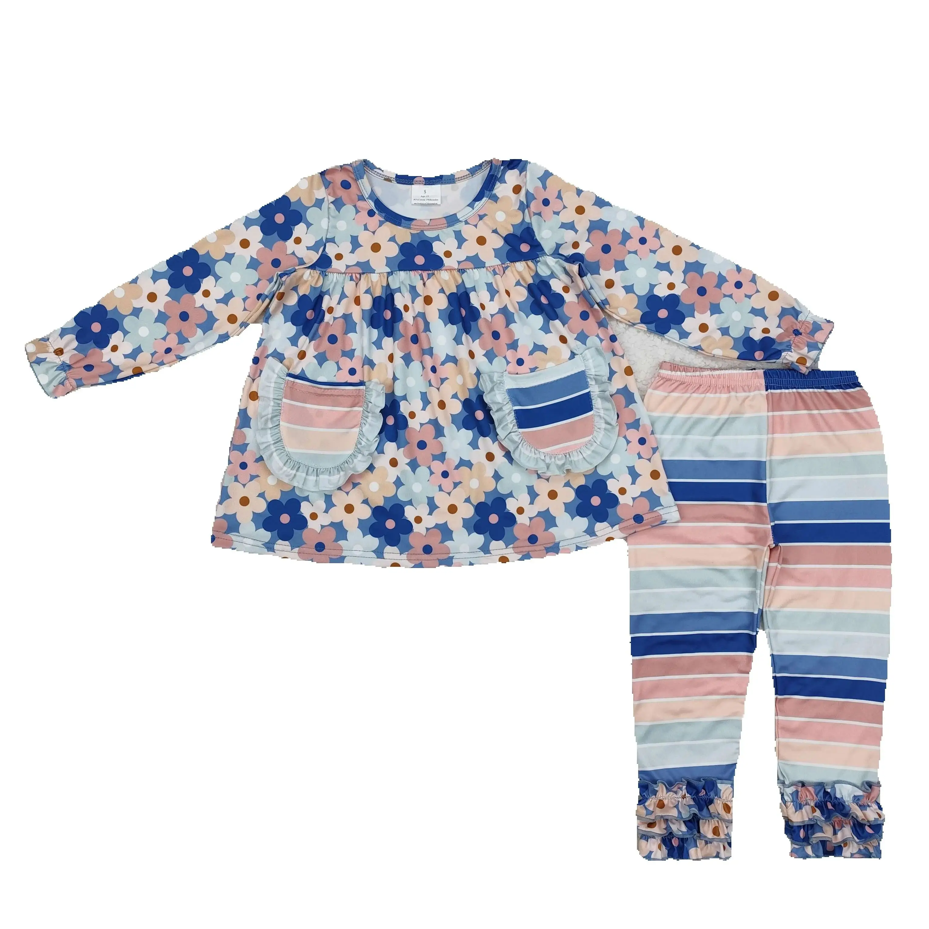 

GLP2144 Kids Girls Autumn Outfit Sets Long Sleeves Powder blue flower pocket Print With Trousers Children Clothes rts no moq