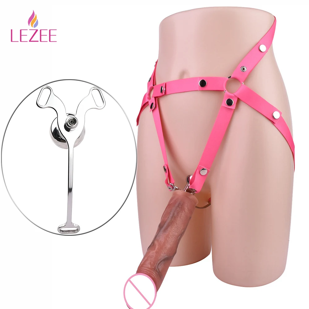 LEZEE Metal Flat Male Chastity Cage With Silicone Dildo Head Harness Belt Intimate Negative Cock Locks BDSM Sex Toys For Men