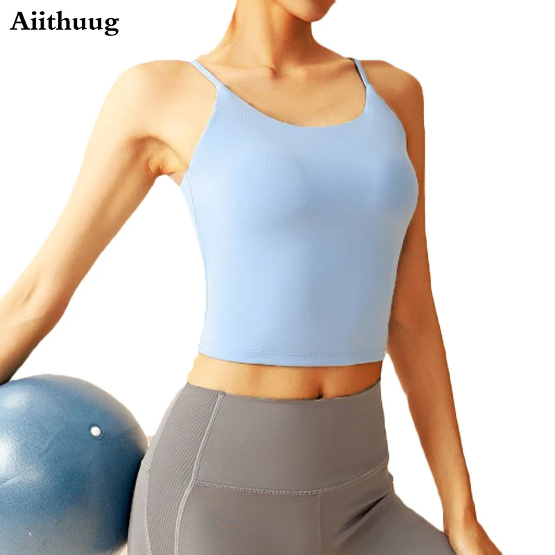 

Aiithuug Strappy Yoga Crop Tops Built In Cups U Neck Gym Workout Fitness Tank Tops High Elasticity Quick Drying Daily Wearing