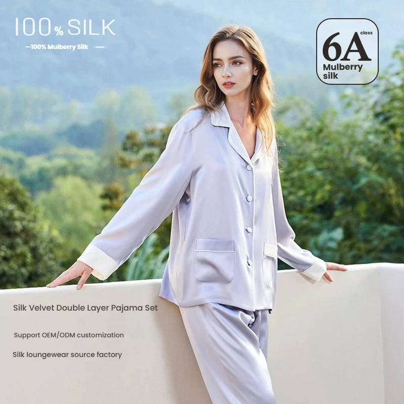 19 Momme Heavyweight Mulberry Silk Pyjamas Women Velvet Long Sleeve Pants Pajama Set Warm Autumn Winter Loungewear