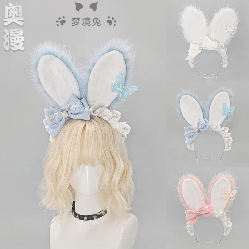 

Lolita Lace Bow Rabbit Ears Headdress Comic-Con Maid Rabbit Ears Hair Accessories Sweet Plush Rabbit Ears KC Headband