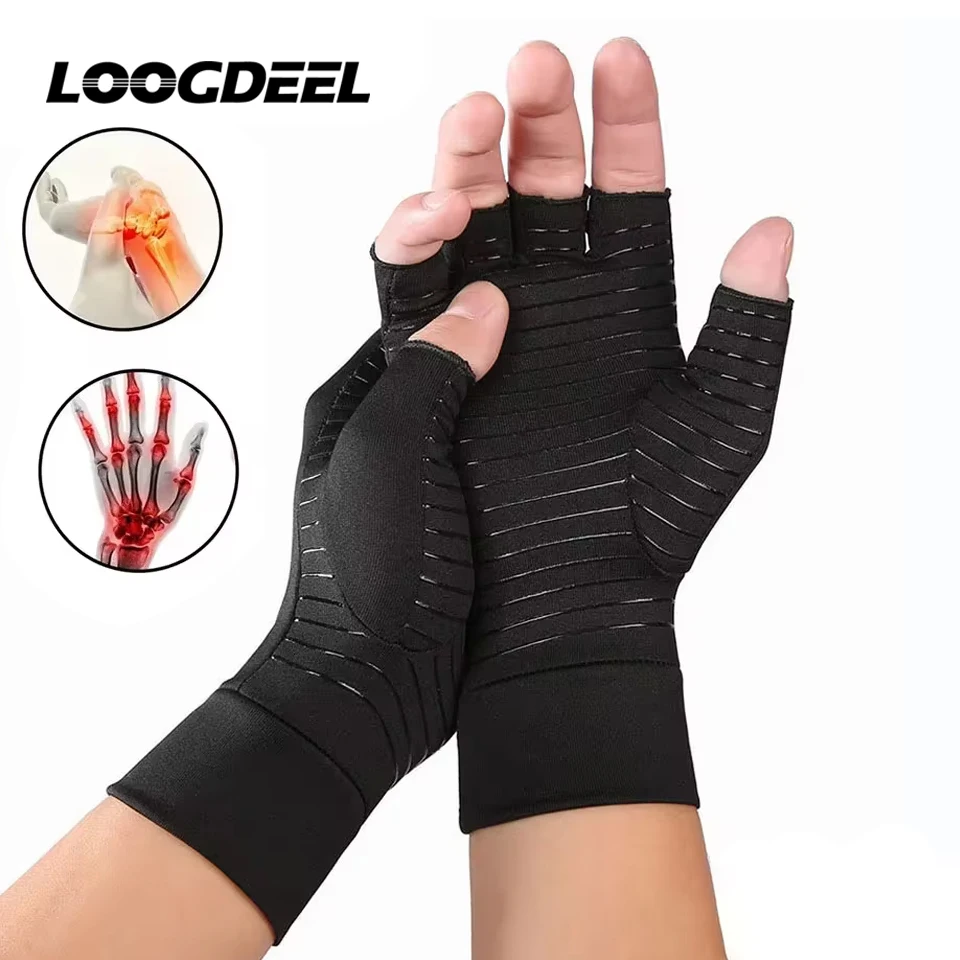 LOOGDEEL 1Pair Copper Compression Arthritis Gloves Fingerless Carpal Tunnel RSI Rheumatoid Tendonitis Hand Pain Computer Typing