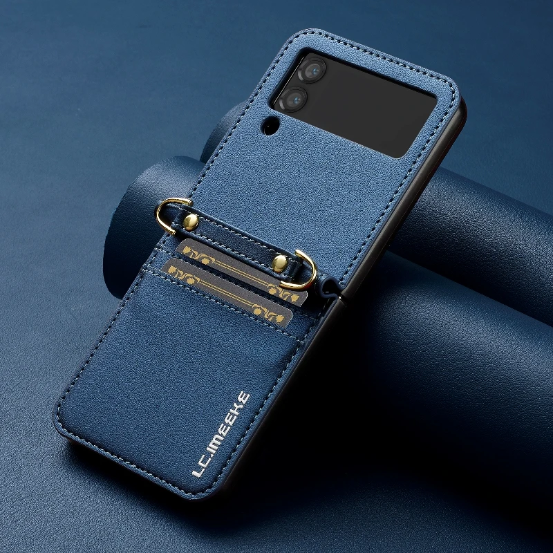 Retro Leather Folding Phone Cover For Samsung Galaxy Z Flip4/Z Flip 3 With Long Short Lanyard