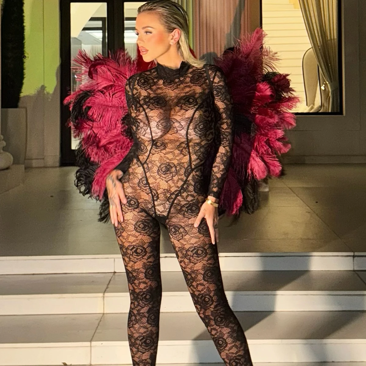 MUZISKAT Europe and America 2025 Summer New Retro Fashion Jacquard Hollow Sexy Slimming jumpsuit jumpsuit, long sleeved bodysuit