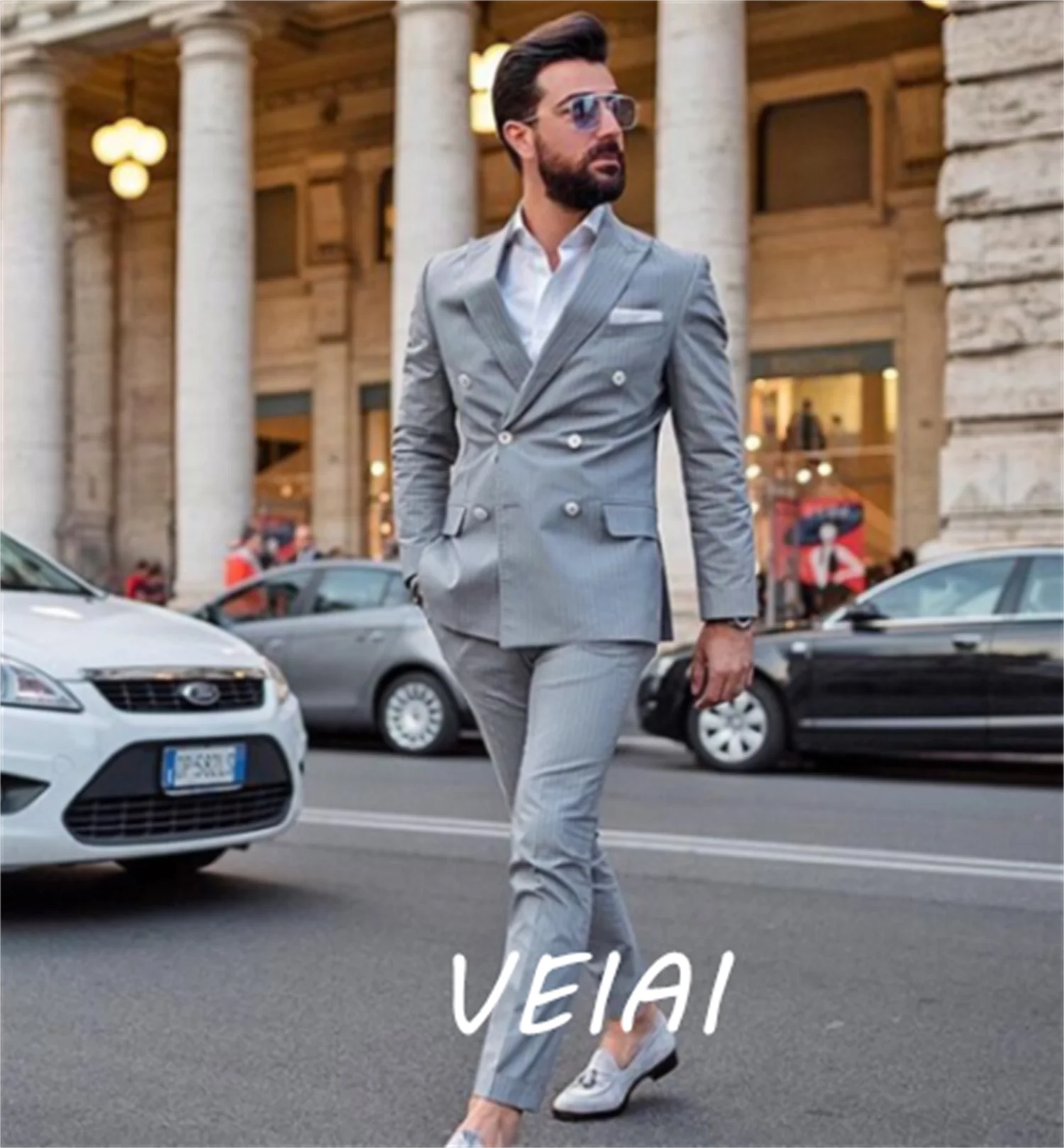 

CustomizedClassicFashion Double-breasted Men's Light Gray Suit Groomsmen Wedding Party Slim Fit Dress Casual Custom Smoking Pant