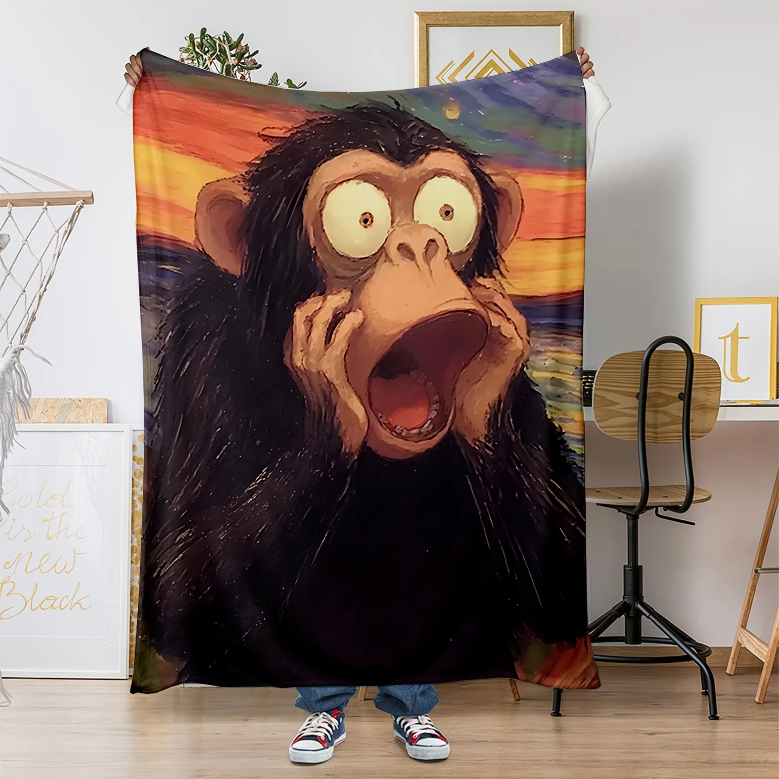 Terrified expression of an orangutan Flannel printed blanket suitable for all seasons suitable for living office sofa and travel
