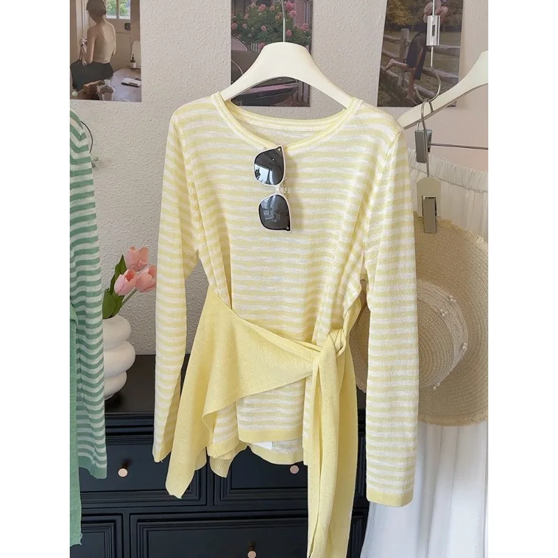 Elegant Round Neck Striped Long Sleeve Women T-shirt Shoulder Wrap Loose Fit Summer Casual Comfortable Two piece Shawl Set