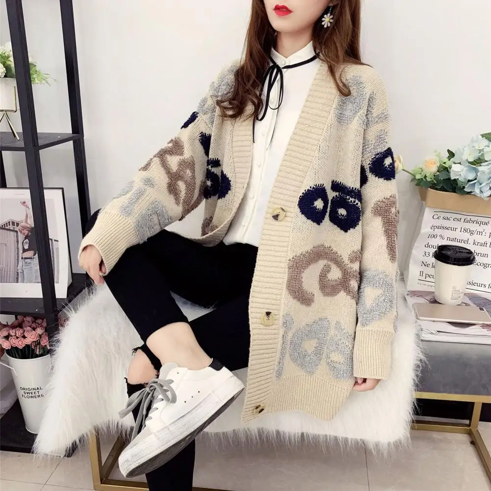 Women Sweater Cozy Knitted Sweater Coat for Women Mid Length Loose Cardigan Jacket with Letter Pattern Color Matching for Ladies