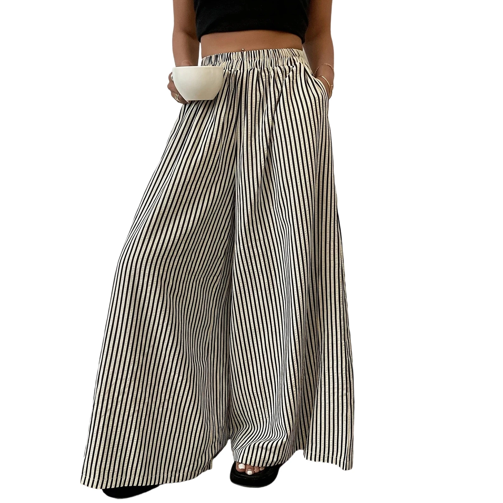 

2025 Women's Flowy Wide Leg Pants High Waist Stripes Print Loose Fit Palazzo Plus Size Pants Summer Oversized XXXXXL Trousers