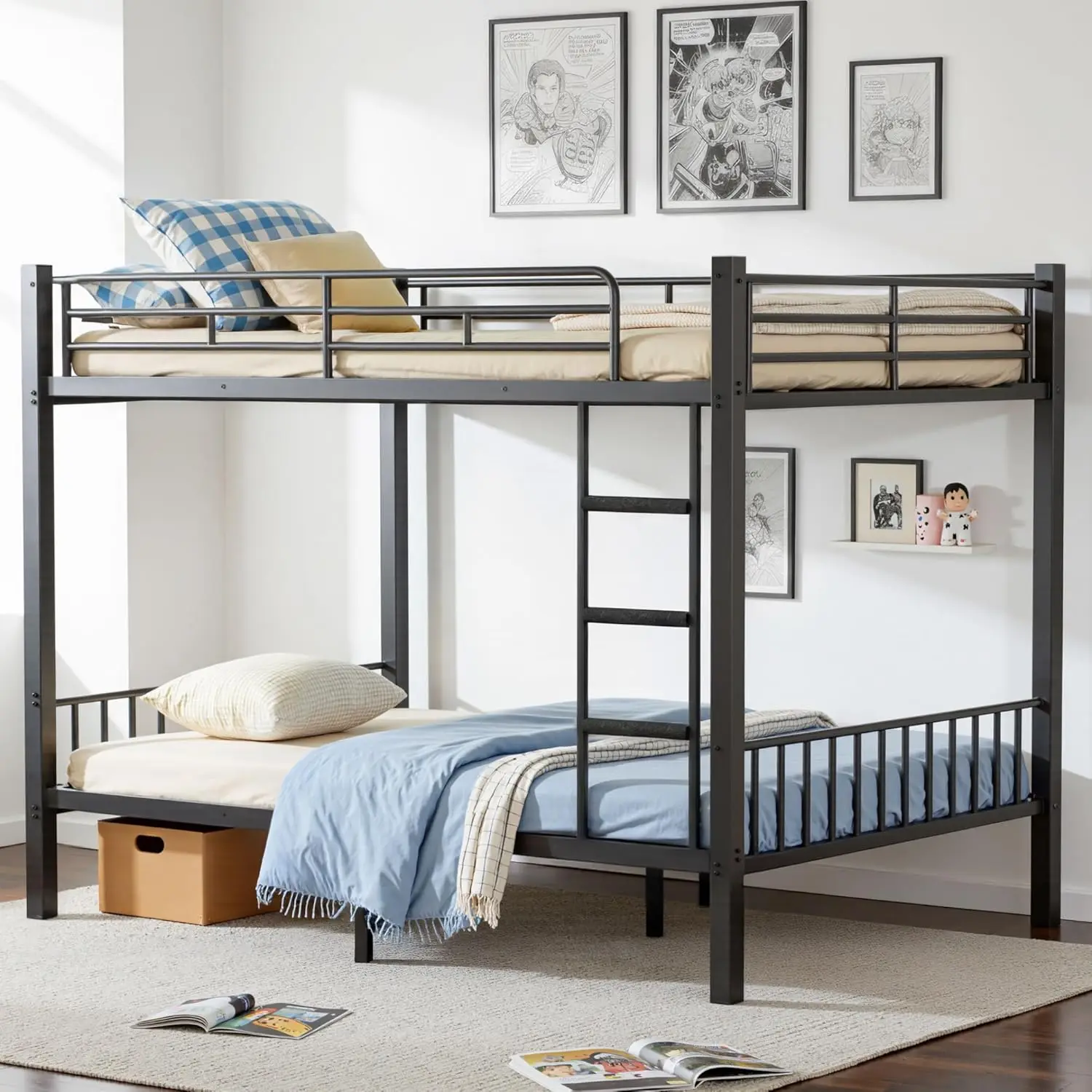 

Queen Over Queen Bunk Bed for Adults & Teens, Heavy Duty Metal Bunk Bed with EVA Anti-Slip Ladder & Full-Length Guardrai