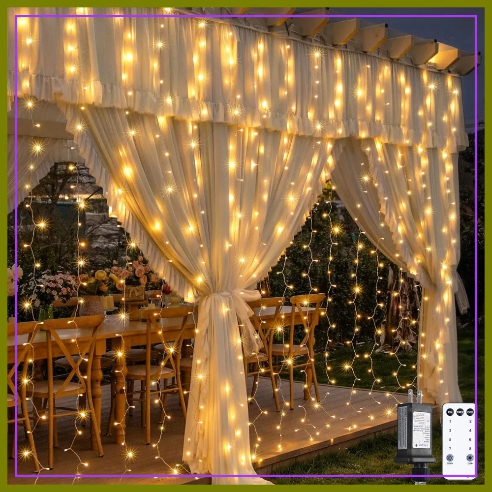 

900 LED Outdoor Curtain Lights 9.5x29.5ft Plug in with Remote, Twinkle Hanging String Light for Bedroom Wedding Backdrop Window Gazebo Decor, Warm White