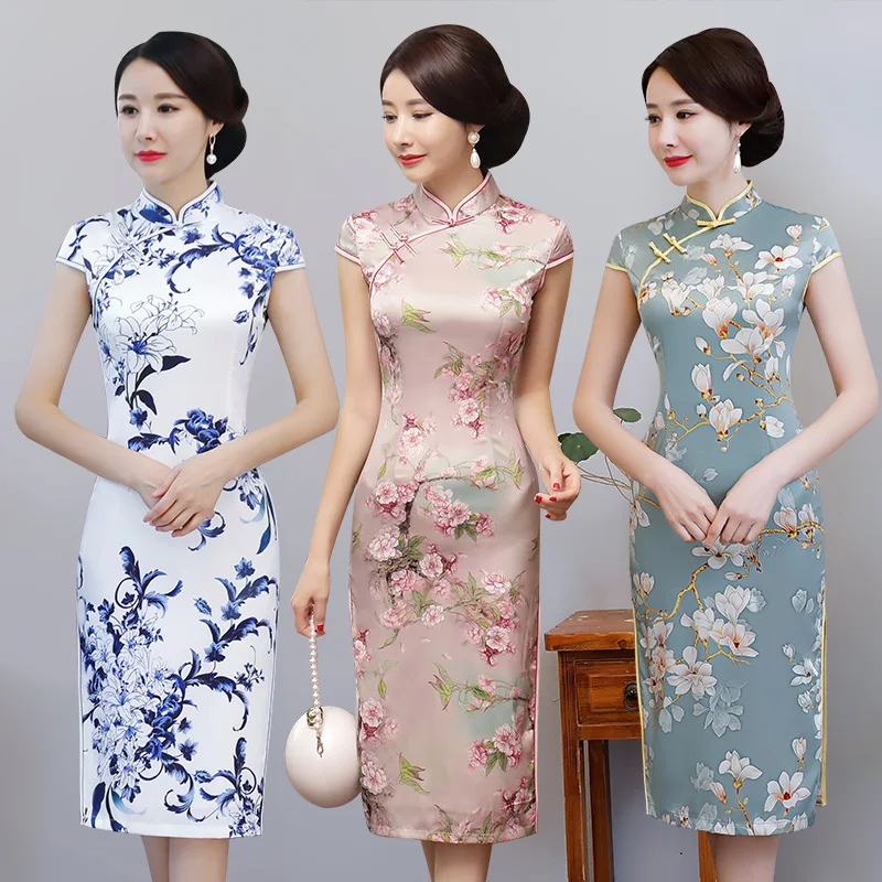 

Dress Women's Polyester Improved Placket Short Sleeve Cheongsam Low Slit Mid-Length New Young Retro Slim Daily Fashion Summer1Pc