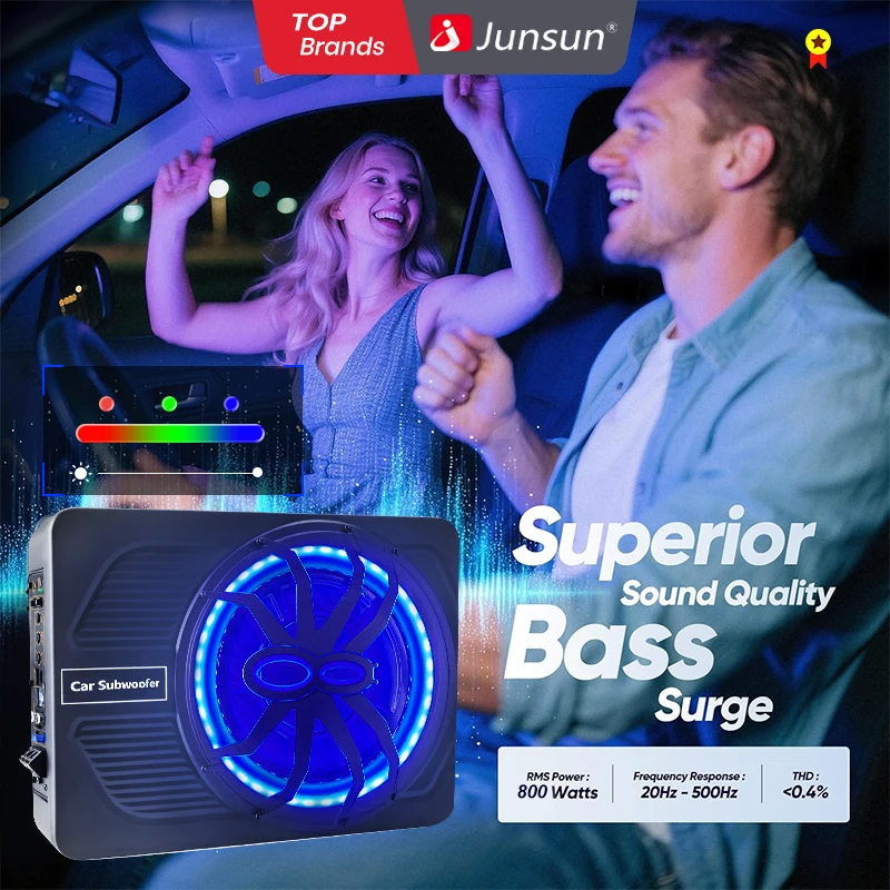 Junsun 10-Zoll-Auto-Subwoofer-Verstärker, Stereo-Surround-Sound-Autolautsprecher unter dem Sitz mit LED-Umgebungslicht
