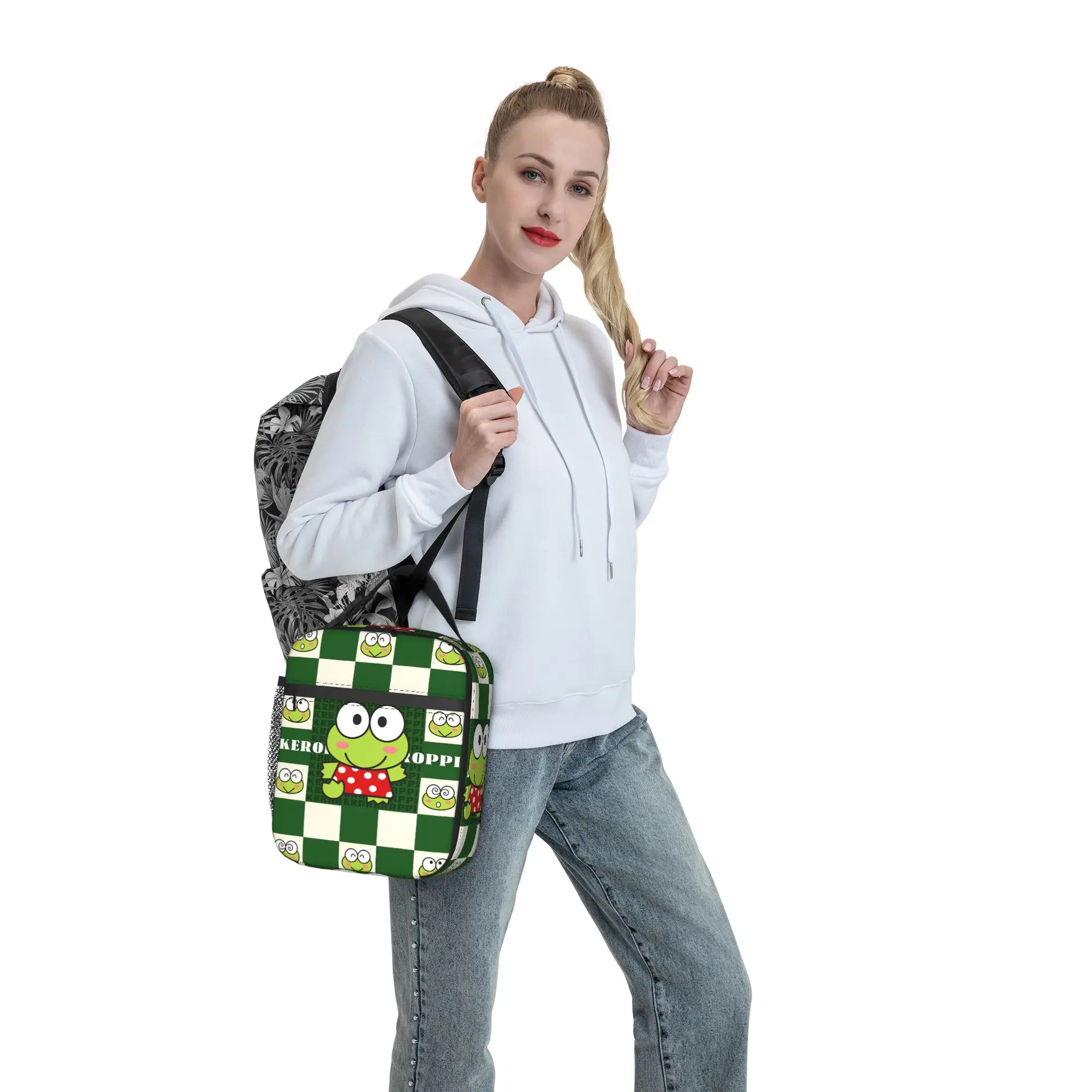 Keroppi Kerokero grüne Lunchtasche mit Cartoon-Charakter-Motiv für Unisex, bedruckt, für Picknick im Freien, modische tragbare Oxford-Kühltasche – Detail 7