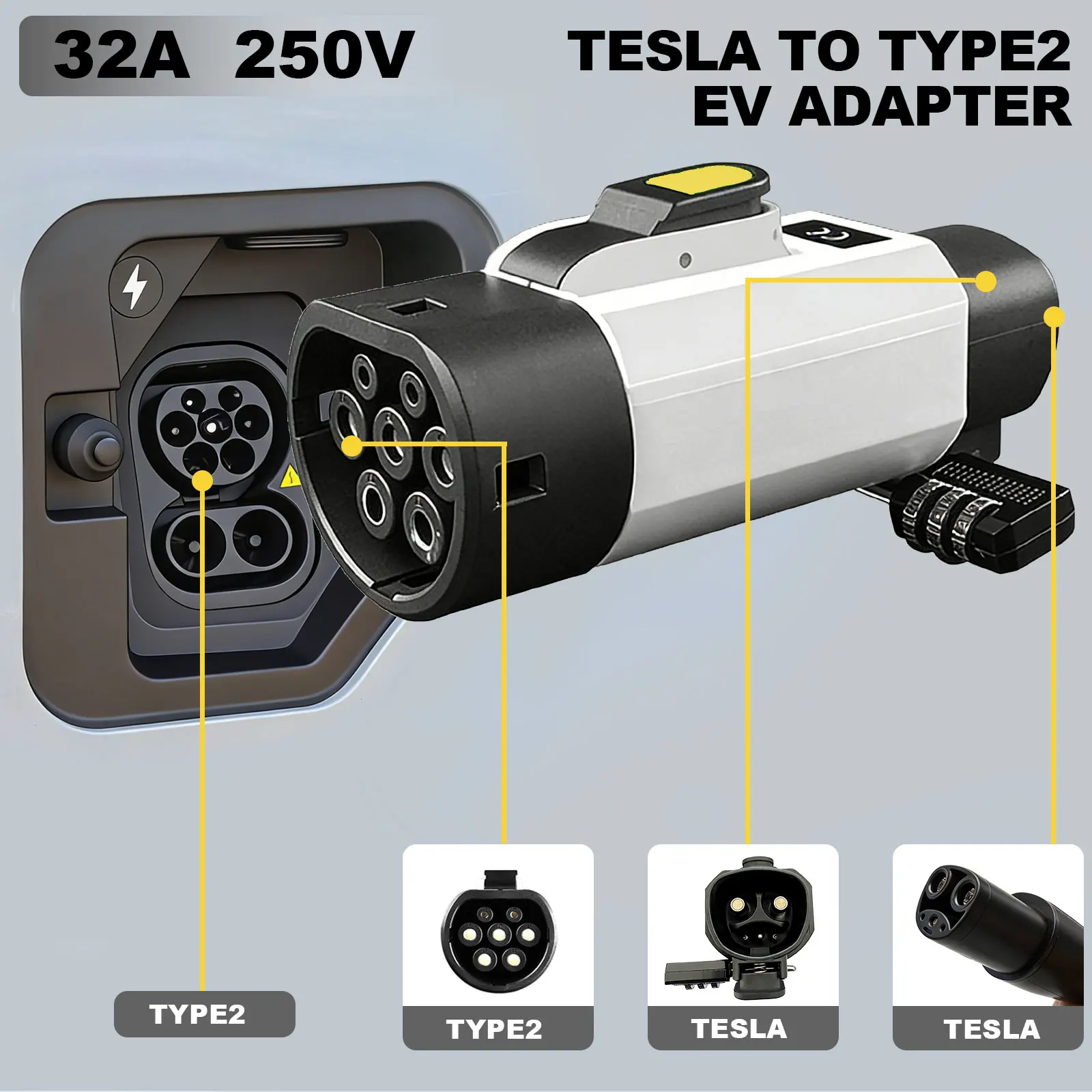 

NACS to Type 2 Lockable anti-theft Adapter Electric Vehicle Charger Connector 32A 7KW 250V Tesla Charger to Type 2 Car Charging
