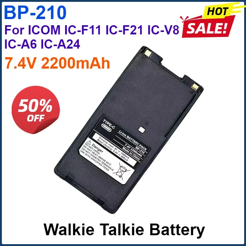 

7.4V 2200mAh BP-210 Walkie Talkie Li-ion Battery Support Type-C Charging For ICOM IC-F11 IC-F21 IC-V8 IC-A6 IC-A24 Two Way Radio