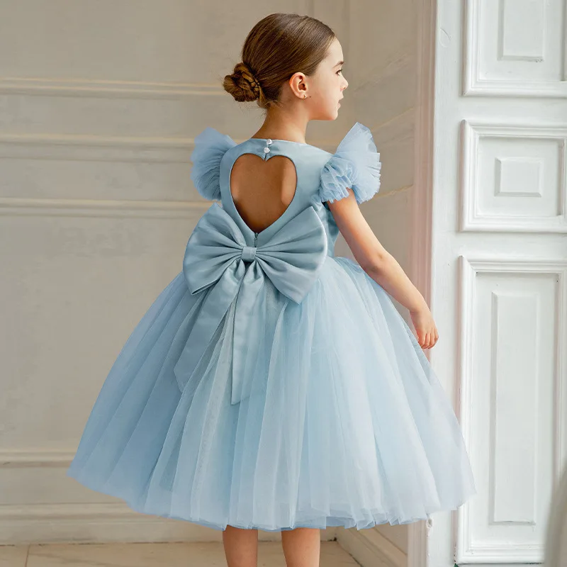 Mädchen-Partykleider, elegant, große Schleife, weiß, Hochzeit, Brautjungfer, Prinzessinnenkleid, Mädchen, Erstkommunion, Taufe, Geburtstag, Partykleid