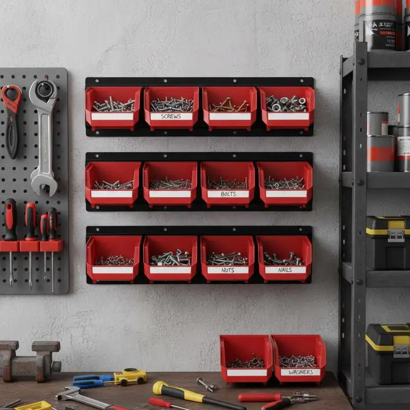 

Wall Hanging Component Organizer 15-Piece Set For Garage Workshop Craft Room, 12 Plastic Containers 3 Metal Rails, Stackable