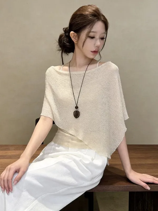 

Irregular Hollow out Short Sleeve Knitted Top Women's Summer Thin Loose Cloak Shoulder Shirt Korean Style Breathable Casual Wear