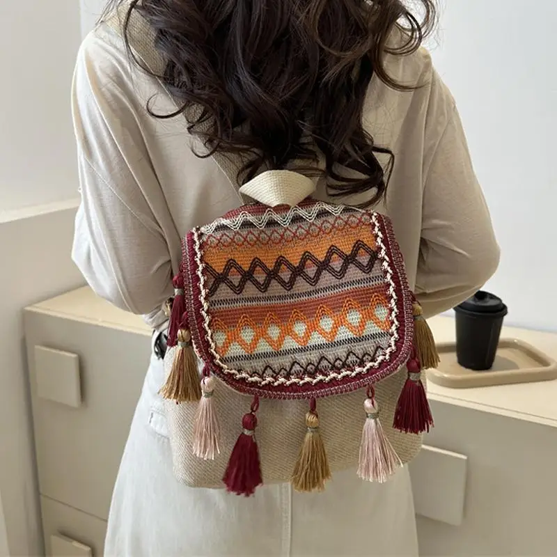 Tassel Women Backpacks Vintage Female Shoulder Bags Sac A Dos Bohemian Travel Ladies Bagpack Mochilas National School Bags 2024