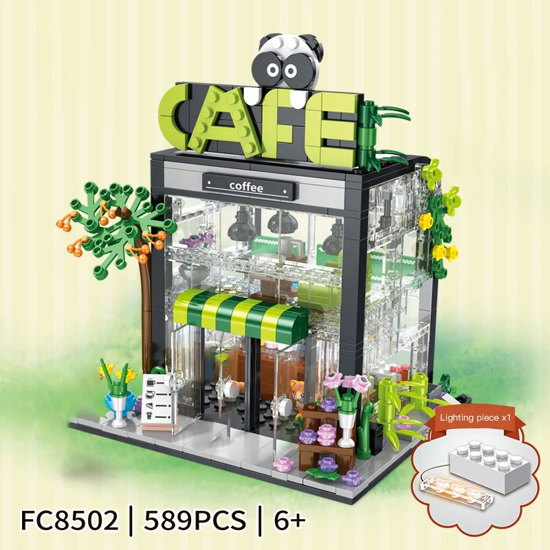 

589 шт., строительные блоки для кофейни, MOC, вид на улицу, модульные здания, модель архитектуры, кирпичи, игрушки, подарок для взрослых и детей
