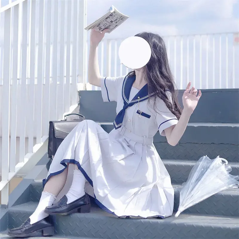 Japanse Preppy Stijl Lolita Matroos Pak Y 2K Gothic Kawaii Vintage Korte Mouw Zomer Midi Jurk Preppy Jurk Vrouwen Jk Meisjes