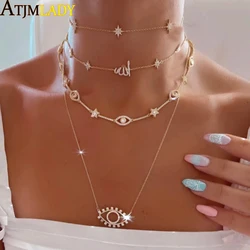 Gold Color Micro Pave CZ North Star Starburst Arabic Love Letter Pendant Women Link Chain Choker Necklace Fashion Jewelry