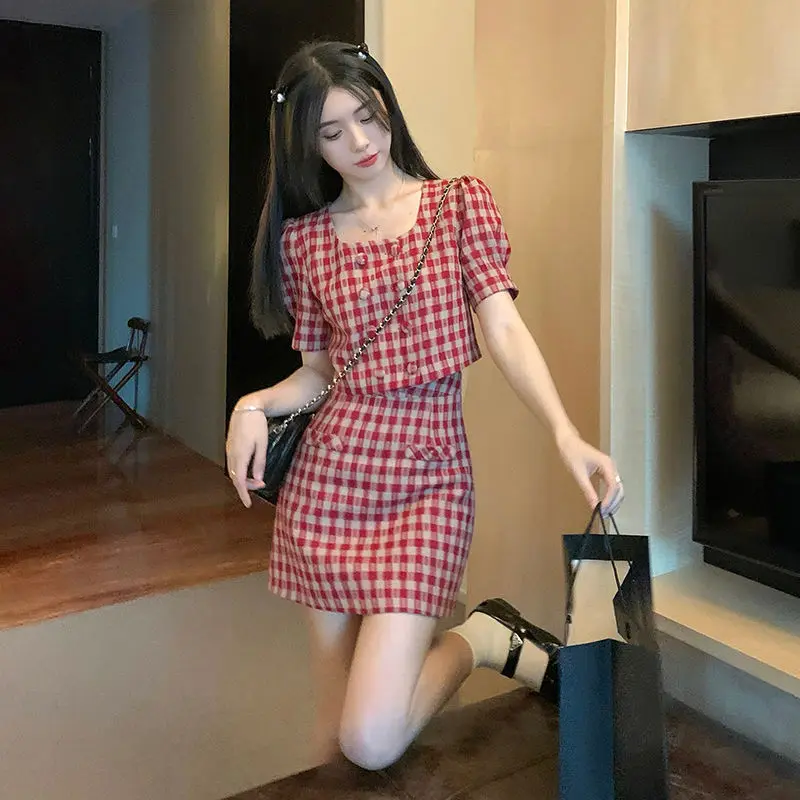 Sweet Girls Y2K Plaid Skirts 2pcs Set Korean Summer Short Sleeve Cropped Tops with A-line Mini Skirt Suits Women Fashion Outfits