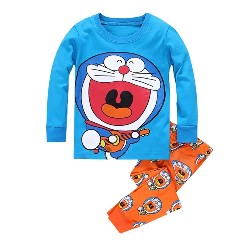 Doraemon Kids Boys Girls Pajamas Sets Cartoon Casual Long Sleeve Kawaii T-Shirt Tops with Pants Toddler Baby Sleepwear Clothes