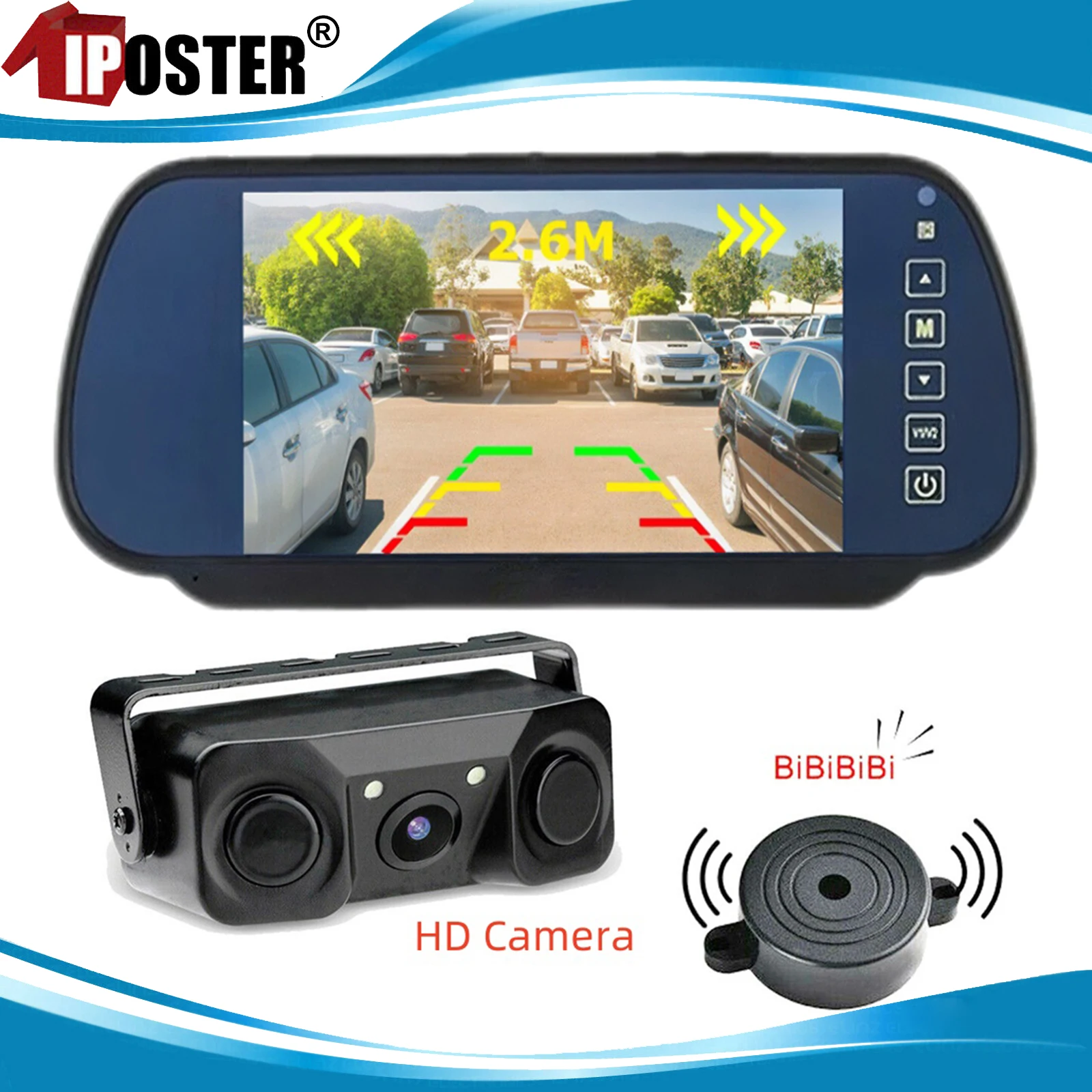 

iPoster 7 Inch Rear View Mirror Monitor Screen TFT-LCD 800x480 16:9 With 2 in 1 Reverse Radar HD Camera kit For Truck Bus Rv