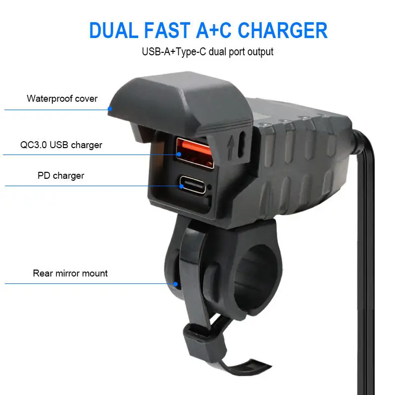 المزدوج USB شحن سريع نوع-C مربع مقاوم للماء شاحن دراجة نارية الفولتميتر محول شحن الهاتف QC3.0 12-24 فولت موتو ملحق #4