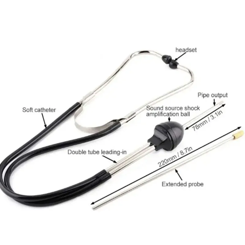 Engine stethoscope monitors engine bearings, motors, chassis, gearboxes, etc. for rust. Simple noisy stethoscope