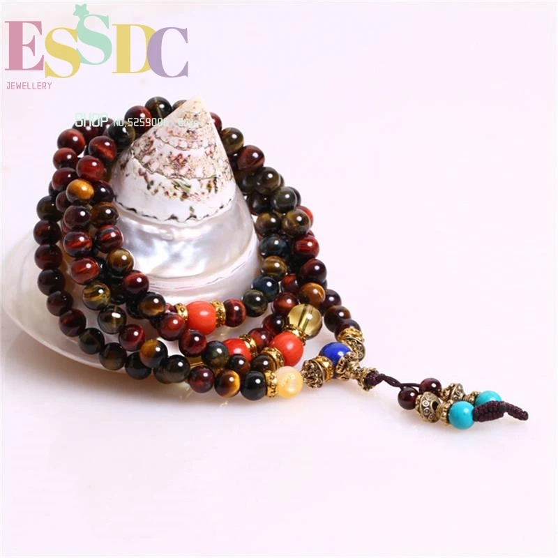 New Arrival 6mmNatural Colored Tiger Eye  108 Mala Prayer Bracelet Men Women Energy Stone Hand String Yoga Jewelry Dropship