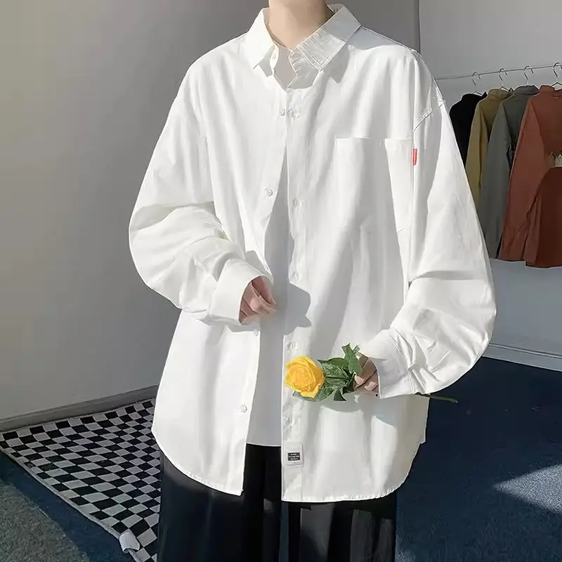 Men's 2024 Spring and Autumn New Splicing Square Collar Button Letters Fashion Loose and Versatile Casual Long Sleeve Shirts