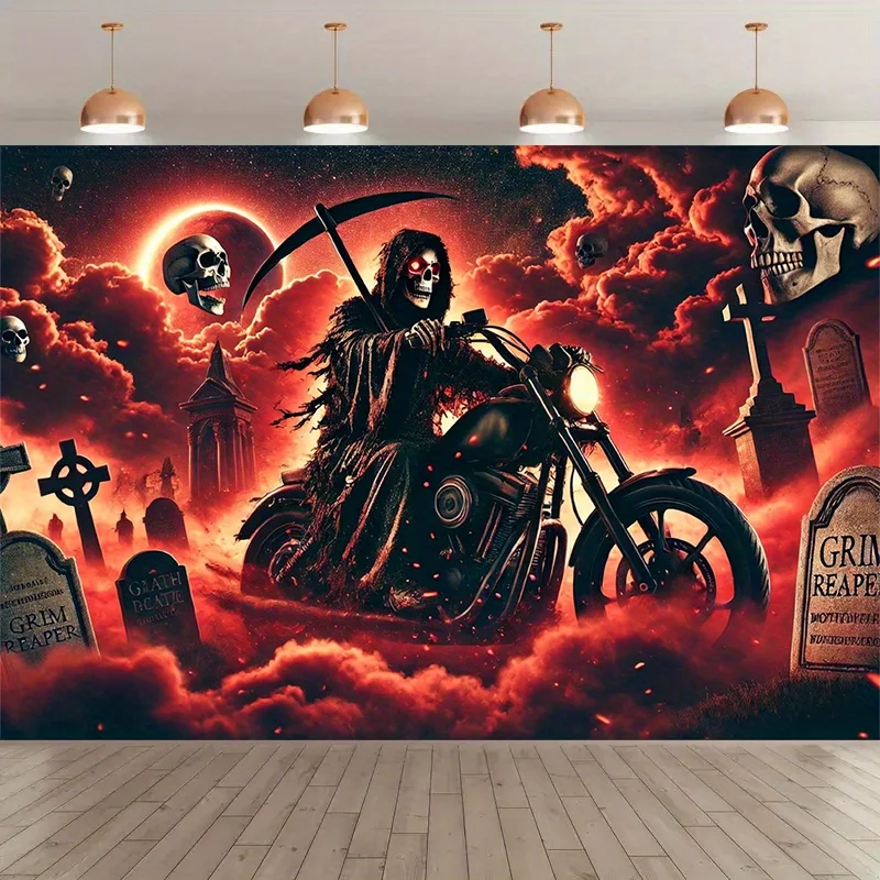 Grim Reaper Motorcycle Wall Tapestry Dark Fantasy Art Horror Theme Decor Gothic Bedroom Living Room Style