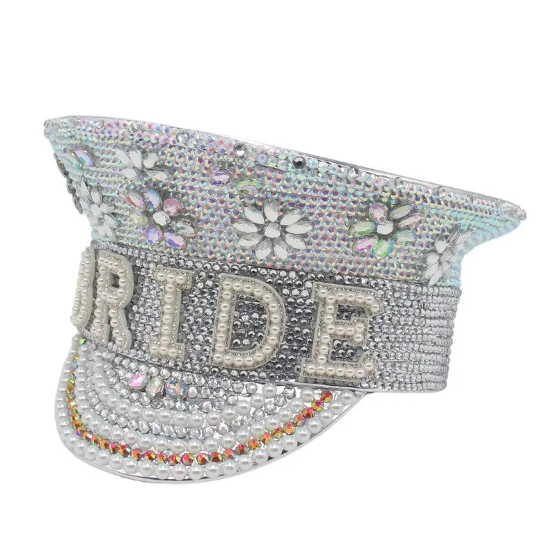 Luxury Rhinestone Bride Military Cap Party Rave Club Women Hen Do Hat Elegant Performance Sequin Burning Captain Sergeant Hats